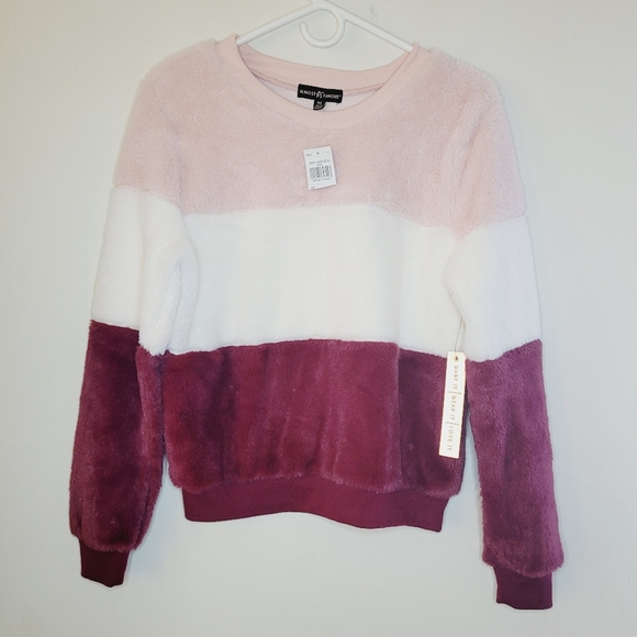 Almost Famous Sweaters - Almost Famous Womens Medium Colorblock Faux Fur Sweater Pink White Maroon Cozy